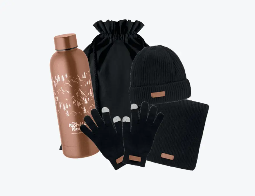 Coffret cadeau Noël entreprise " La Winty" avec écharpe, gants tactile et gourde personnalisables