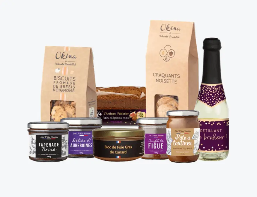 Panier gourmand Noël entreprise "Paris is Gourmet" avec foie gras, biscuits et vin