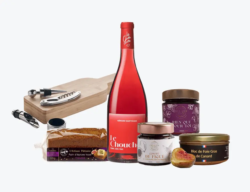 Panier garni Noël entreprise "Paris is a Celebration" avec vin, foie gras et confit
