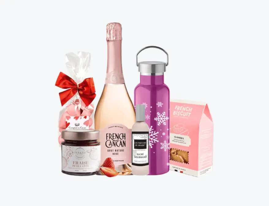 Coffret cadeau Noël entreprise "Paris is a Dream" avec champagne rosé, biscuits sucrés et chocolats.