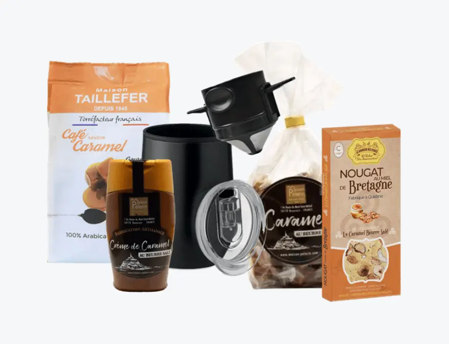 Coffret cadeau Noël entreprise "Paris is Fantastic" avec caramel, mug à emporter et nougat