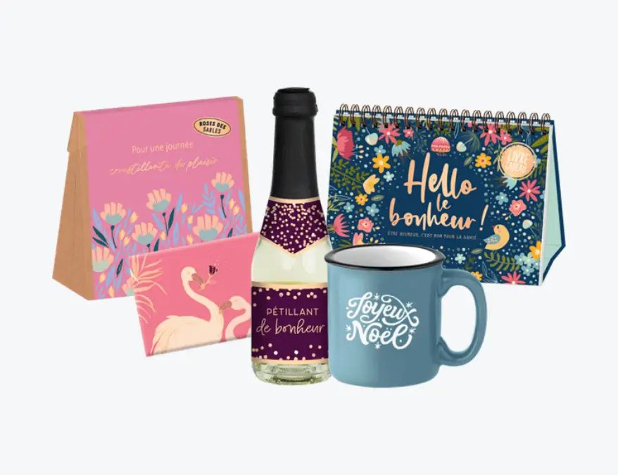 Cadeau fin d’année entreprise "Paris is Sweety" avec tasse, chocolat et vin.