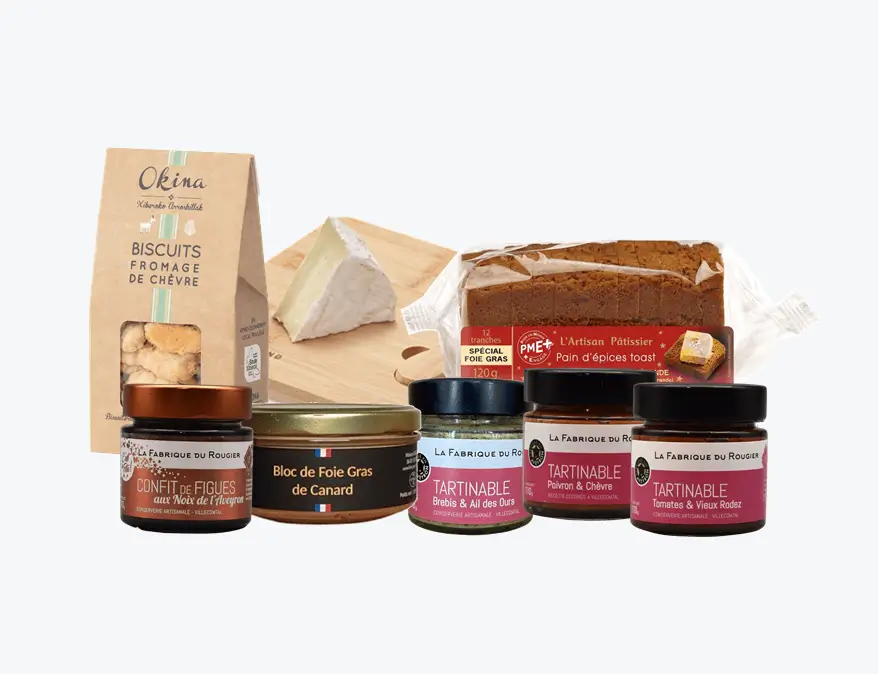 Panier garni noël entreprise avec foie gras, biscuits salés et confit et bien plus.
